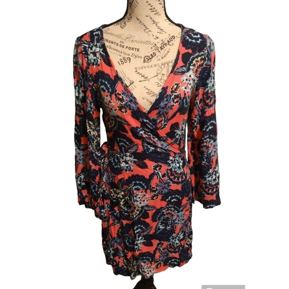 Roxy Wrap Vneck Floral long sleeve  dress Sm Pink Boho Feminine Cottagecore